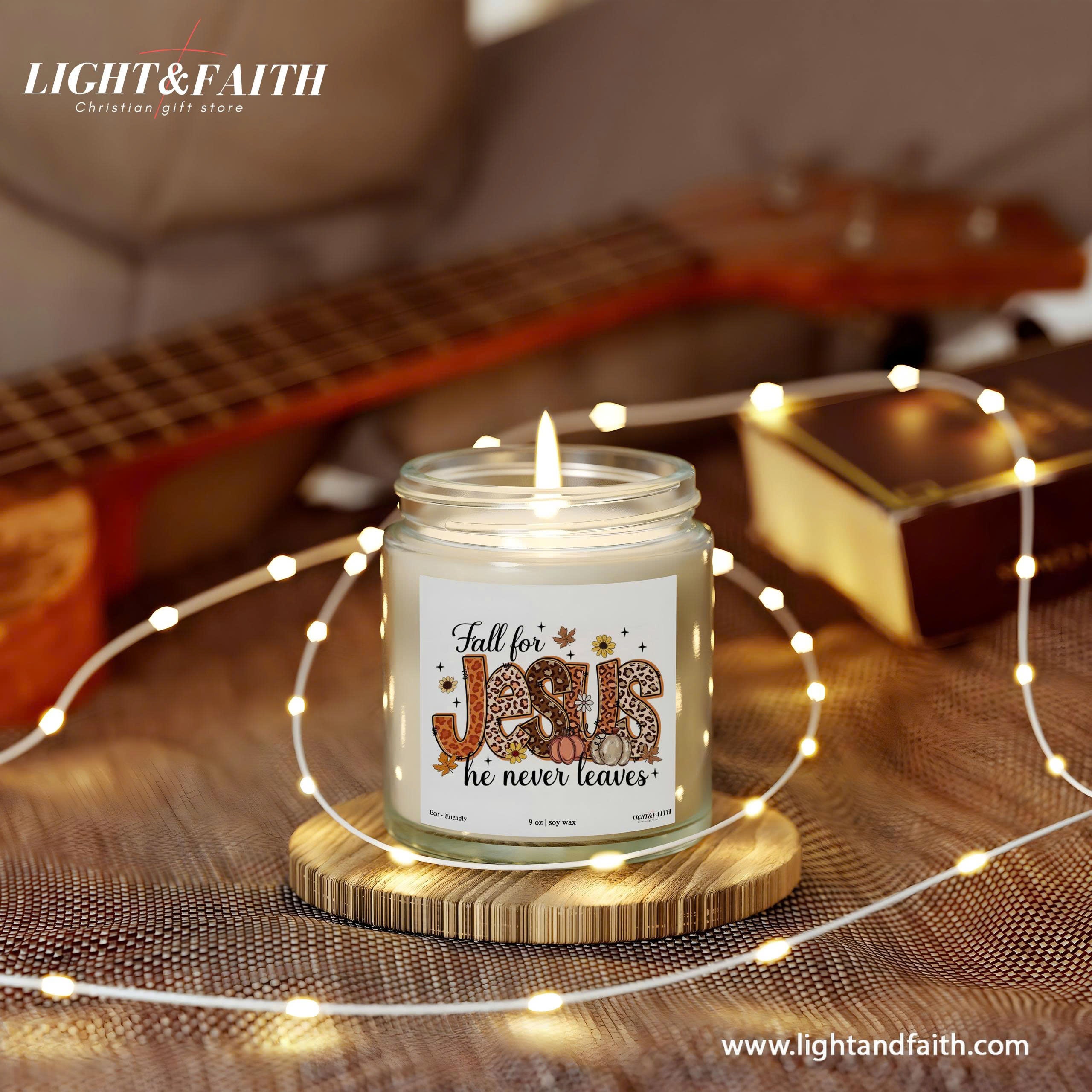 Fall for Jesus Candle, Inspirational Bible Verse, He Never Leaves, Autumn Christian Gift, Uplifting Fall Decor CDLAF28